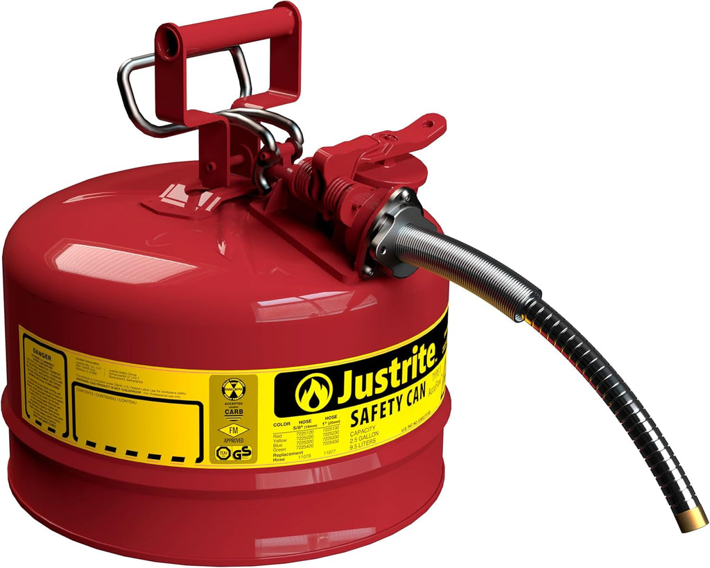 Justrite 5-Gallon Type II Red Safety Gas Can OSHA-Approved Steel Fuel Container with Flame Arrester, Self-Closing Lid & 1" Flexible Spout (7250130)