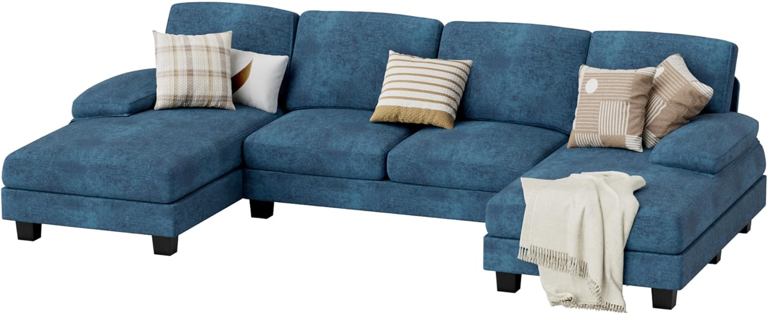 JUMMICO Sectional Couches for Living Room, U Shaped Couch with Chenille Fabric, 4 Seat Modern Sofa with Removable Pillows for Apartment and Small Space (Fabric, Grey)