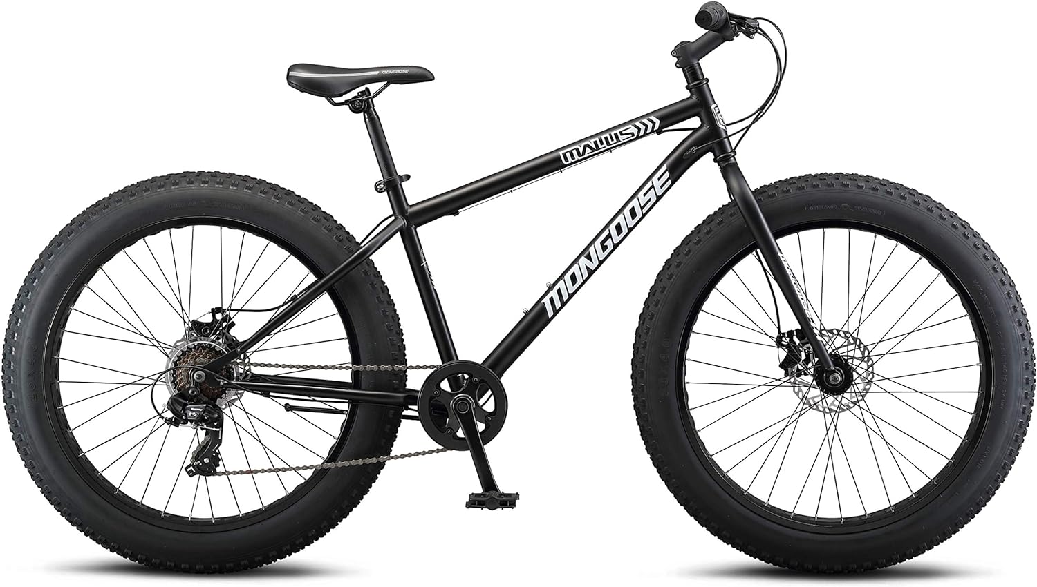 Malus Mens and Women Fat Tire Mountain Bike, 26-Inch Bicycle Wheels, 4-Inch Wide Knobby Tires, Steel Frame, 7 Speed Drivetrain, Shimano Rear Derailleur, Disc Brakes