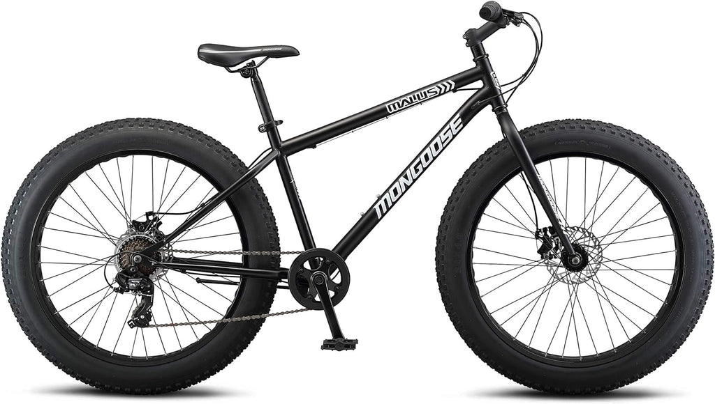 Malus Mens and Women Fat Tire Mountain Bike, 26-Inch Bicycle Wheels, 4-Inch Wide Knobby Tires, Steel Frame, 7 Speed Drivetrain, Shimano Rear Derailleur, Disc Brakes