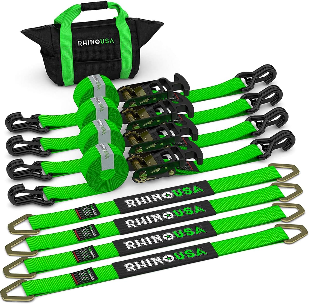 Car Tie Down Straps for Trailers with J Hooks (4-Pack) - 2 Inch x 8 Feet (10,000lb Break Strength) - Heavy Duty T-Handle Car Hauler Tire Straps for Trailer & UTV with Axle Straps - Black