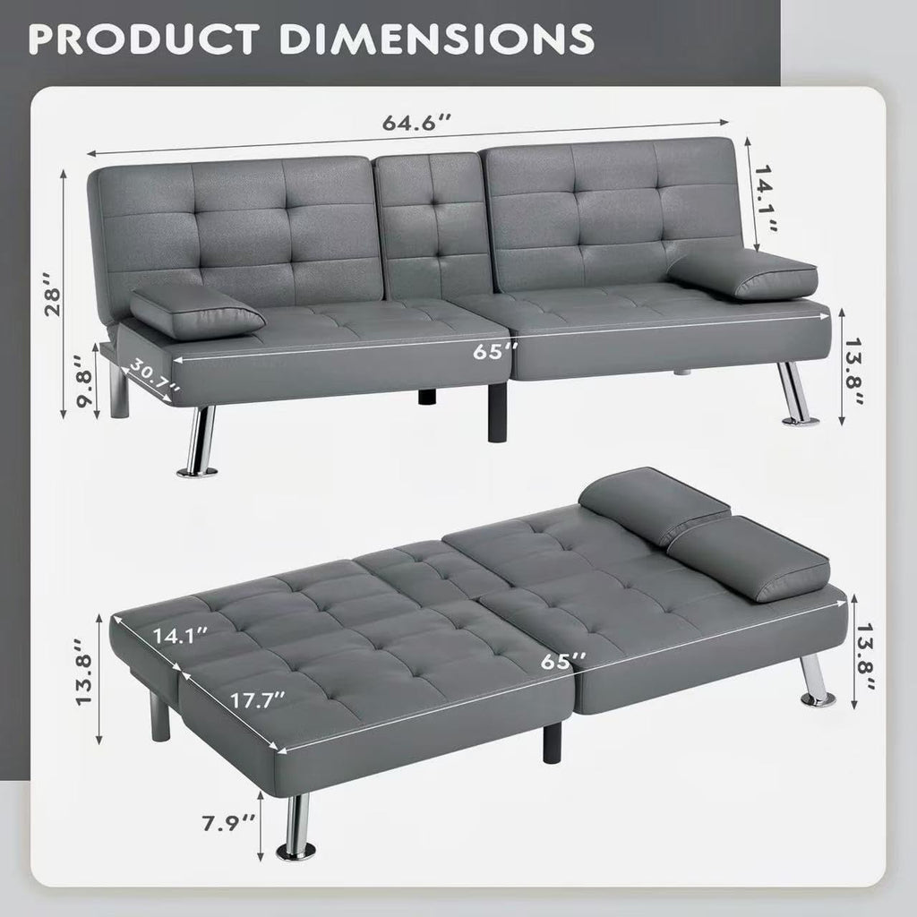 Homall Futon Sofa Bed, Leather Futon Couch with Removable Armrests, Adjustable Recliner Sleeper Sofa Bed with Dual Cup Holders for Living Room, Apartment, Office (Black)
