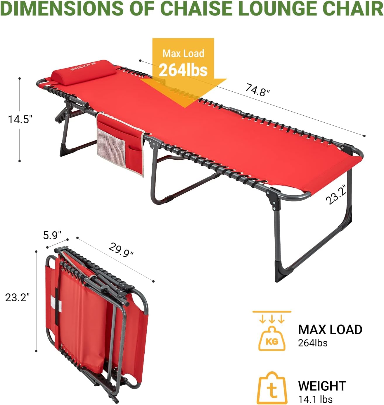 2 Pack Outdoor Chaise Lounge Chair - Portable Folding Patio Pool Lounge Chair, 5 Positions Adjustable Reclining Camping Chair with Side Table,Shoulder Strap, Pillow for Beach Sunbathing Lawn
