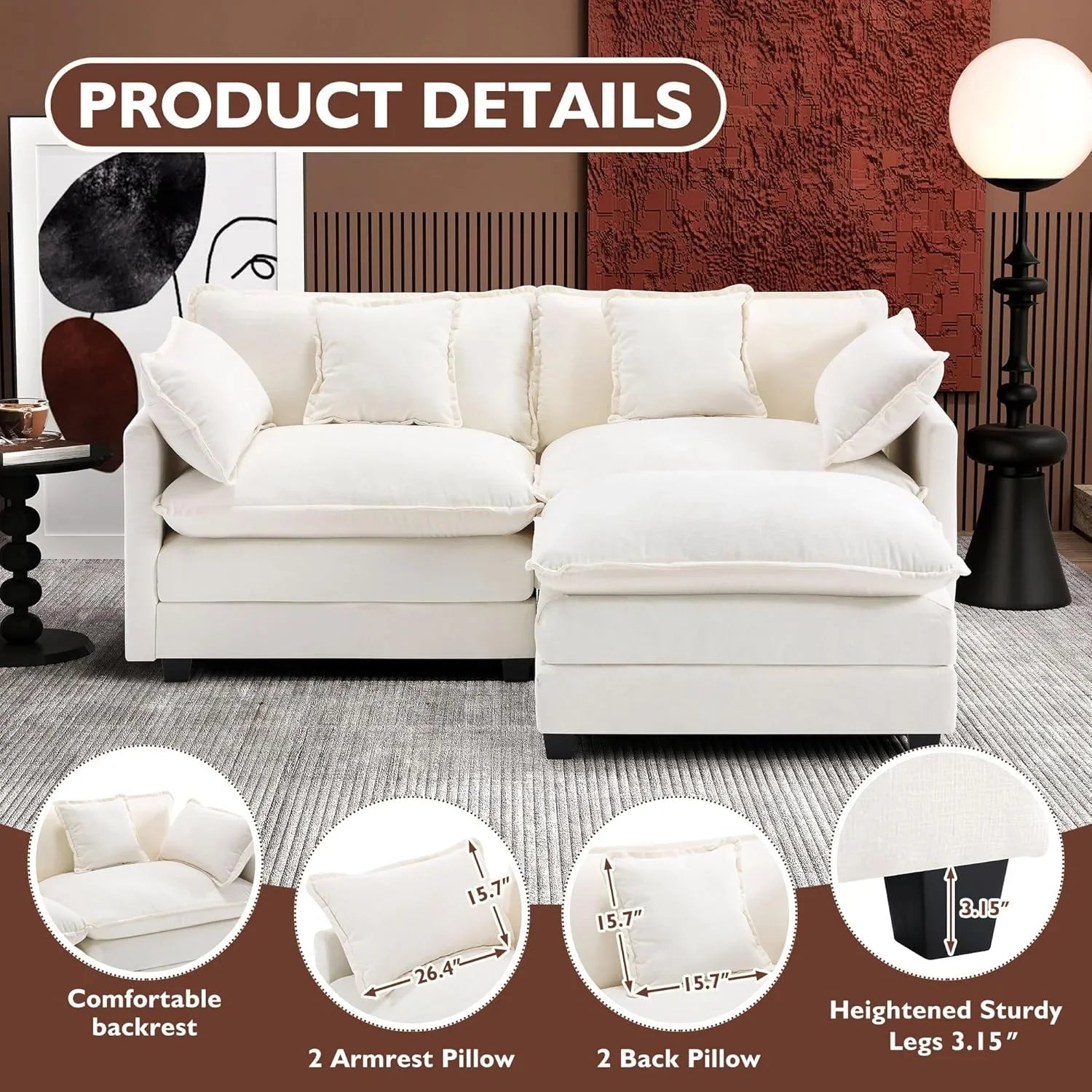 111.4 Inch L Shaped Modern Sofa Modular Cloud Sofa with Ottoman 4 Seater Chenille Deep Seat Sofa