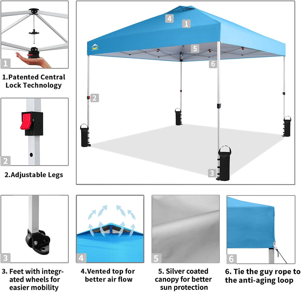 10x10 Pop-Up Awning - One-Click Installation Beach Tent - Outdoor Sunshade Silver Coated Top, 3 Heights and 4 Sand Pockets