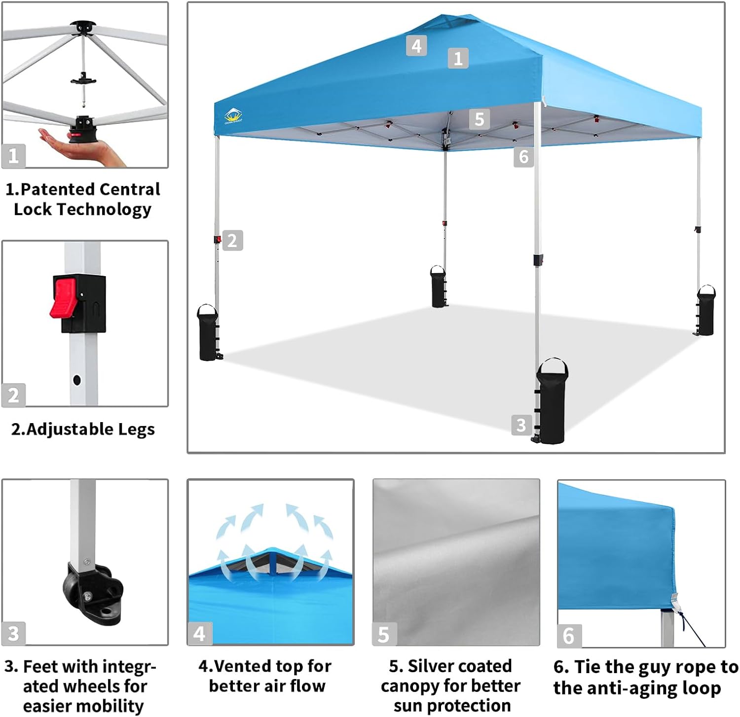 10x10 Pop-Up Awning - One-Click Installation Beach Tent - Outdoor Sunshade Silver Coated Top, 3 Heights and 4 Sand Pockets