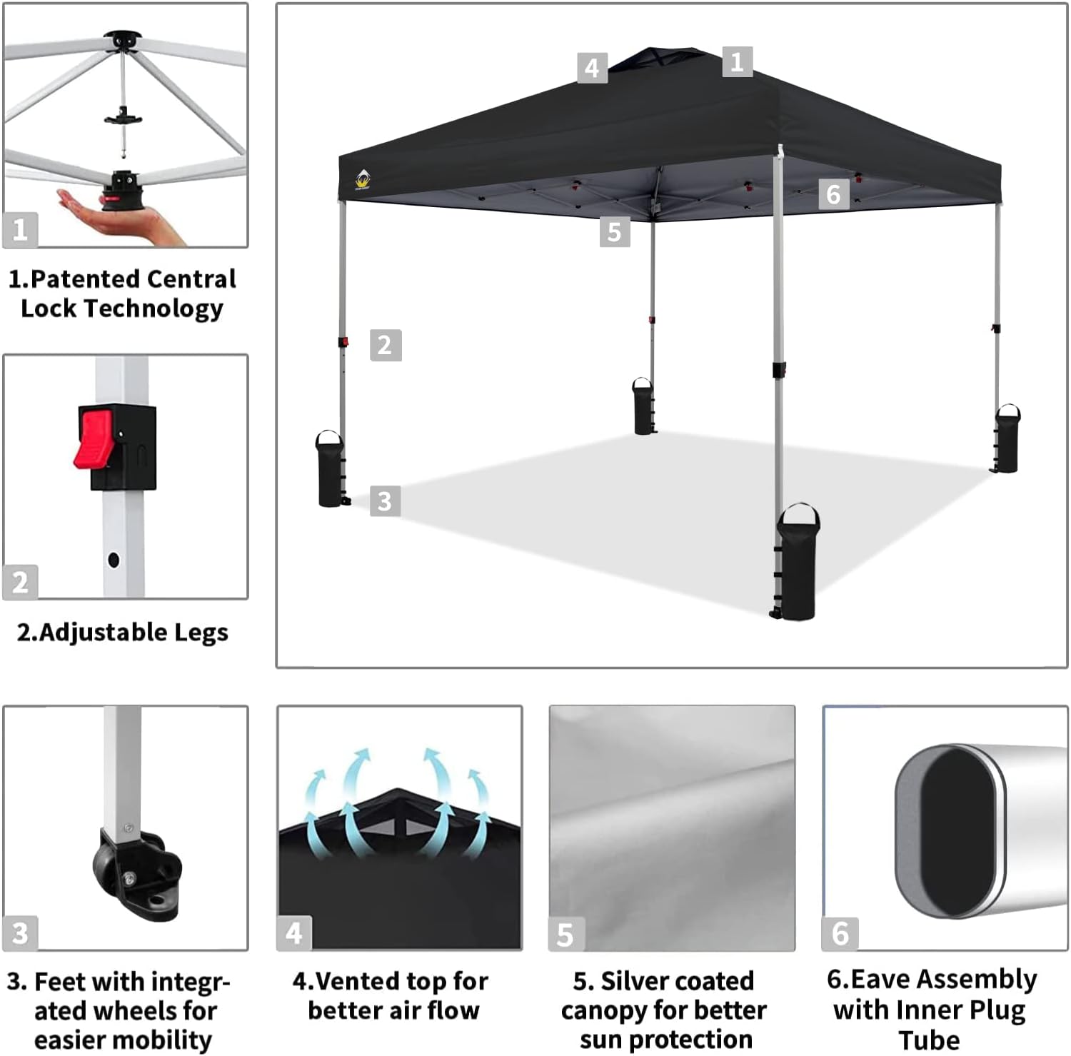 10x10 Pop-Up Awning - One-Click Installation Beach Tent - Outdoor Sunshade Silver Coated Top, 3 Heights and 4 Sand Pockets
