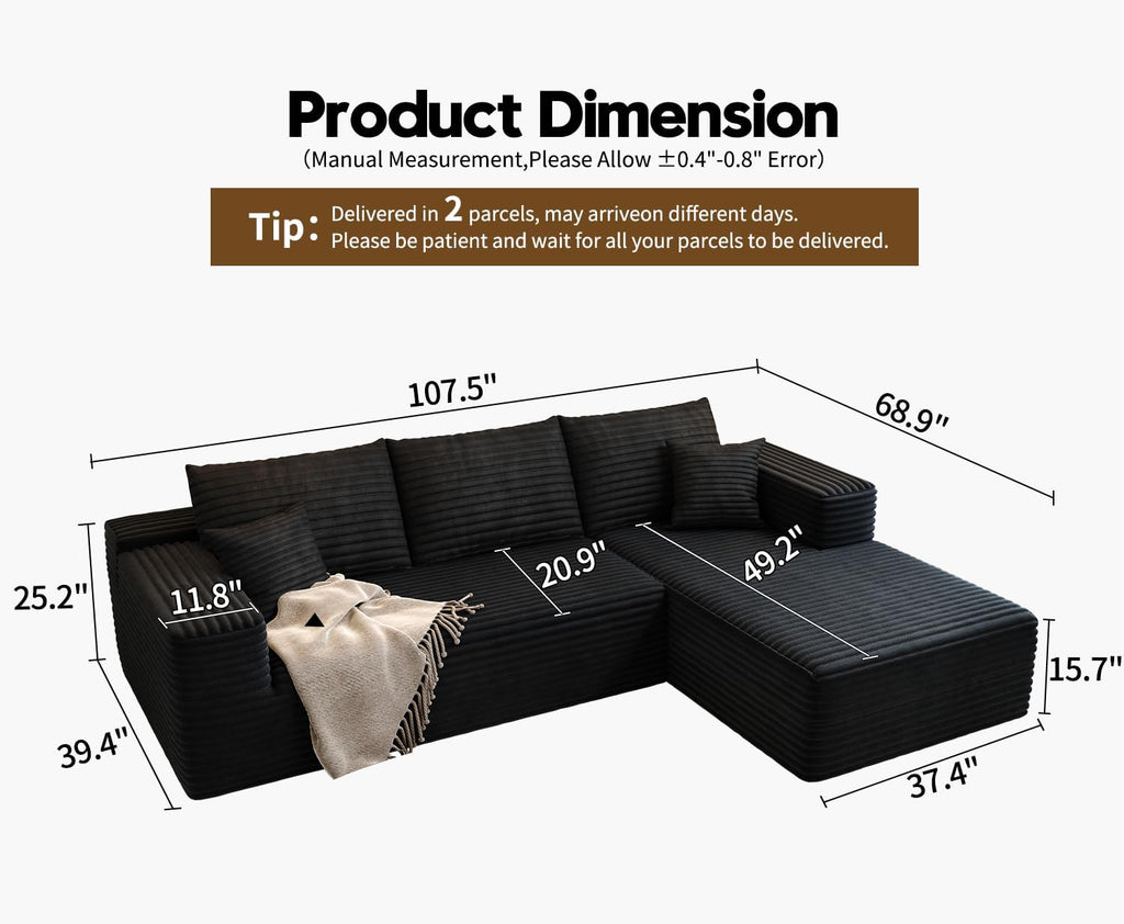 107.5 Cloud Modular Sectional Sofa Couch with L-Shape Chaise,Modern Minimalist Upholstered Couches for Living Room Bedroom,Deep Seat Corner Couch锛孨o Assembly Required (Black,Left Facing Chaise)