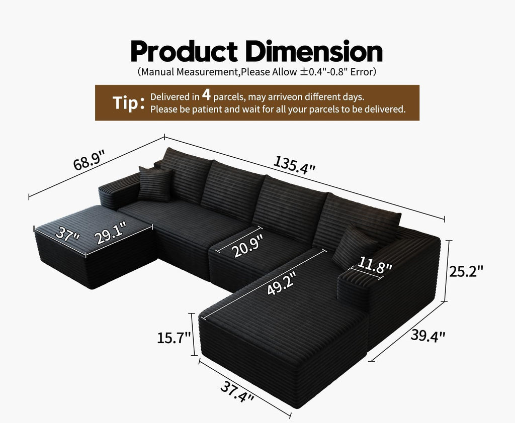 107.5 Cloud Modular Sectional Sofa Couch with L-Shape Chaise,Modern Minimalist Upholstered Couches for Living Room Bedroom,Deep Seat Corner Couch锛孨o Assembly Required (Black,Left Facing Chaise)