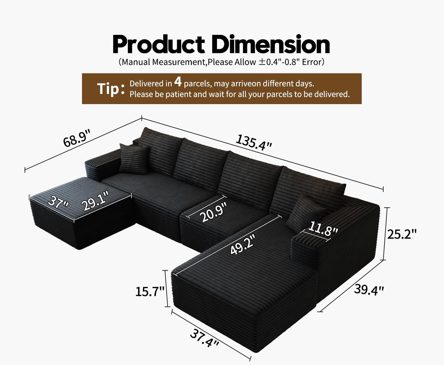 107.5 Cloud Modular Sectional Sofa Couch with L-Shape Chaise,Modern Minimalist Upholstered Couches