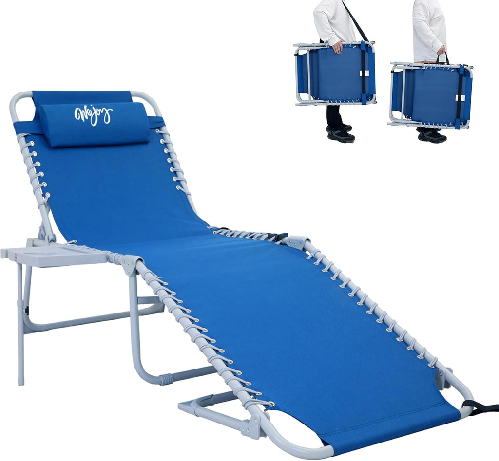 2 Pack Outdoor Chaise Lounge Chair - Portable Folding Patio Pool Lounge Chair, 5 Positions Adjustable Reclining Camping Chair with Side Table,Shoulder Strap, Pillow for Beach Sunbathing Lawn