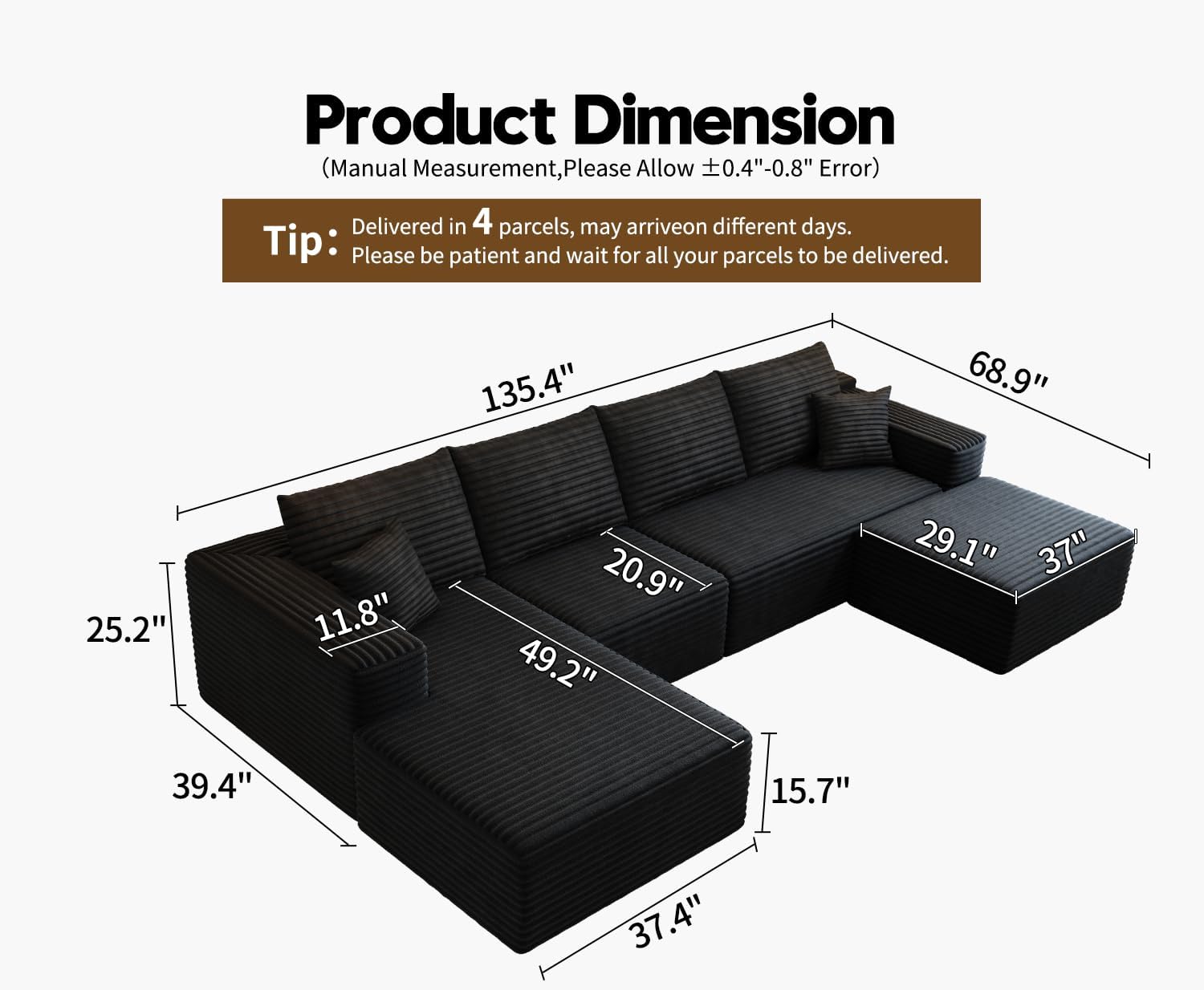 107.5 Cloud Modular Sectional Sofa Couch with L-Shape Chaise,Modern Minimalist Upholstered Couches for Living Room Bedroom,Deep Seat Corner Couch锛孨o Assembly Required (Black,Left Facing Chaise)