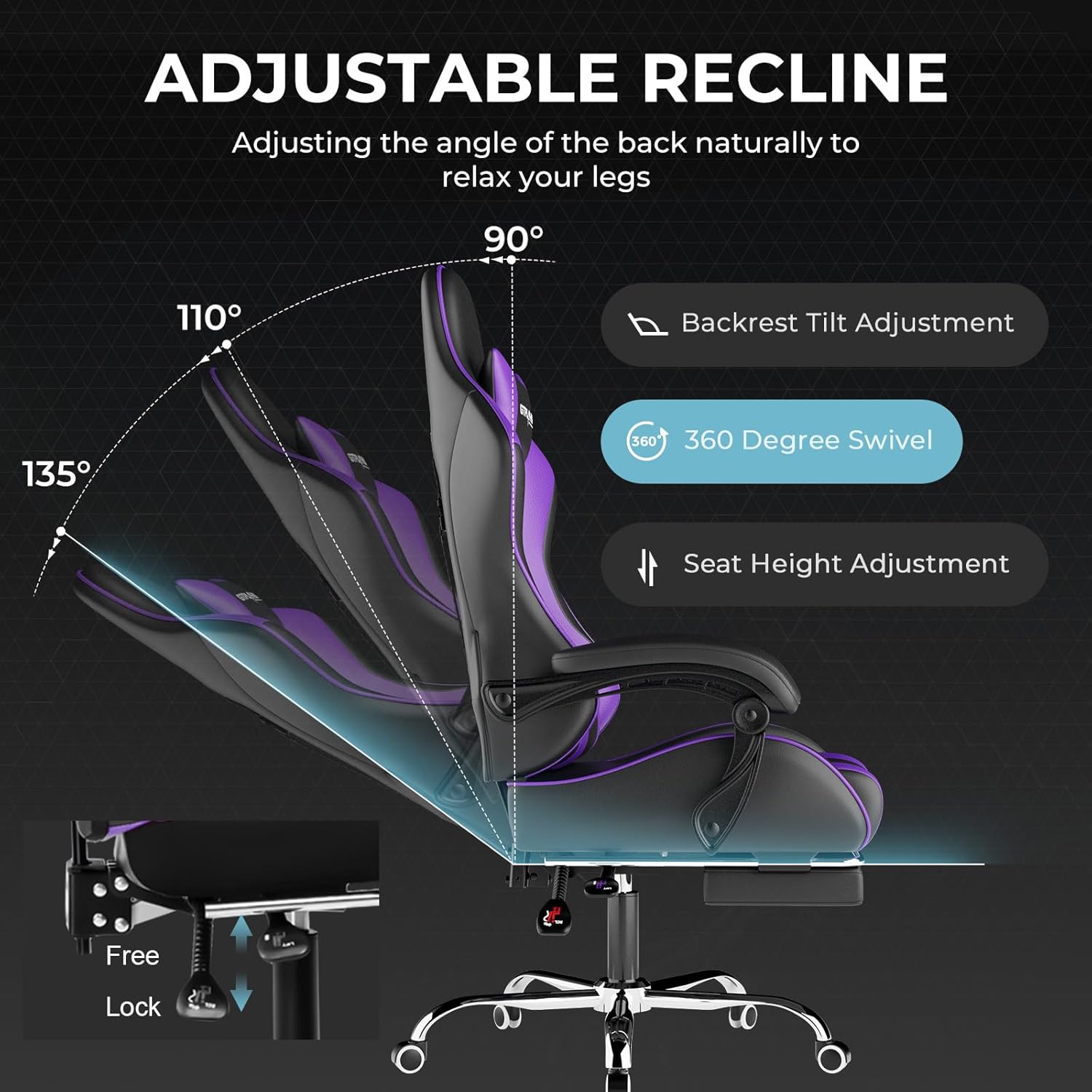 GTPLAYER Gaming Chair with Footrest and Lumbar Support Ergonomic Computer Chair with Headrest, 360掳 Swivel, Height Adjustable, White