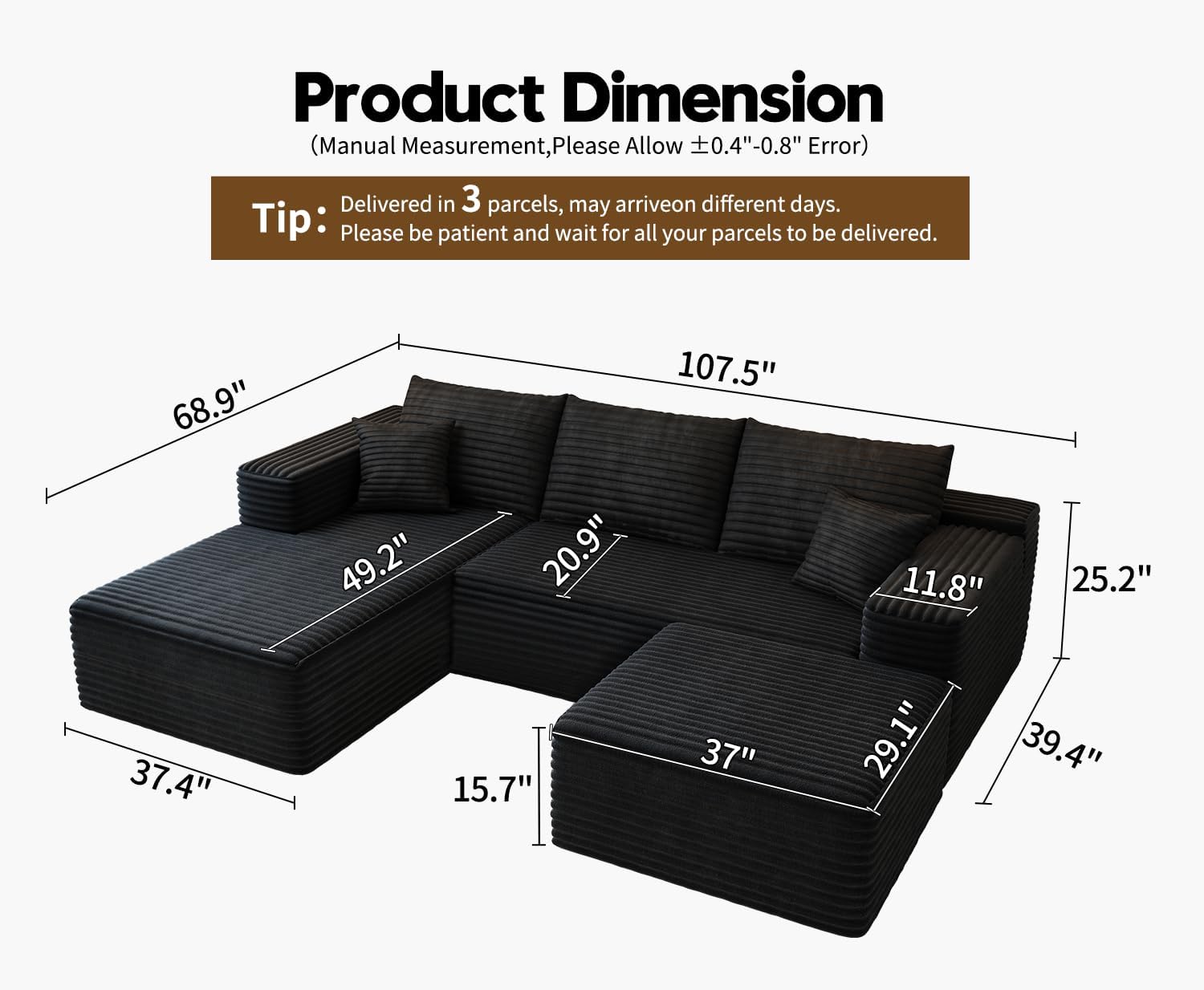 107.5 Cloud Modular Sectional Sofa Couch with L-Shape Chaise,Modern Minimalist Upholstered Couches for Living Room Bedroom,Deep Seat Corner Couch锛孨o Assembly Required (Black,Left Facing Chaise)