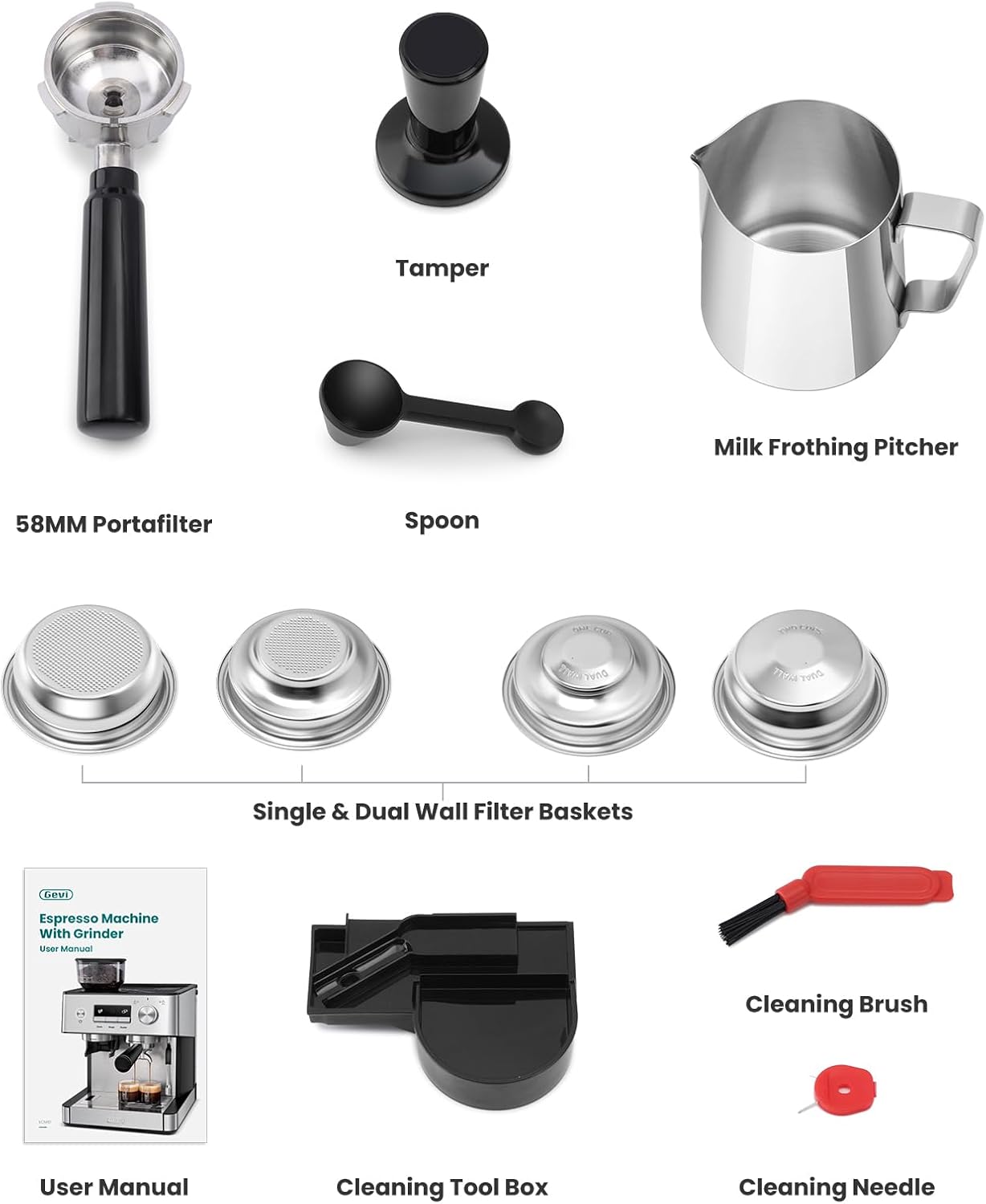 Gevi 20 Bar Espresso Machine with Grinder & Milk Frother, Professional Coffee Maker for Home, Cappuccino & Latte, Removable Water Tank, Steam Wand