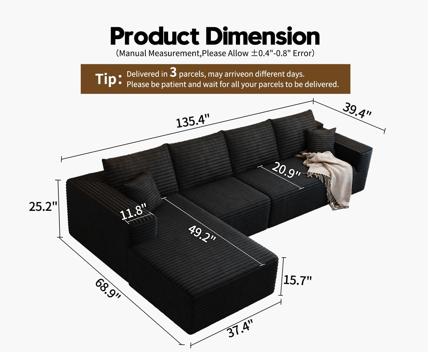 107.5 Cloud Modular Sectional Sofa Couch with L-Shape Chaise,Modern Minimalist Upholstered Couches for Living Room Bedroom,Deep Seat Corner Couch锛孨o Assembly Required (Black,Left Facing Chaise)