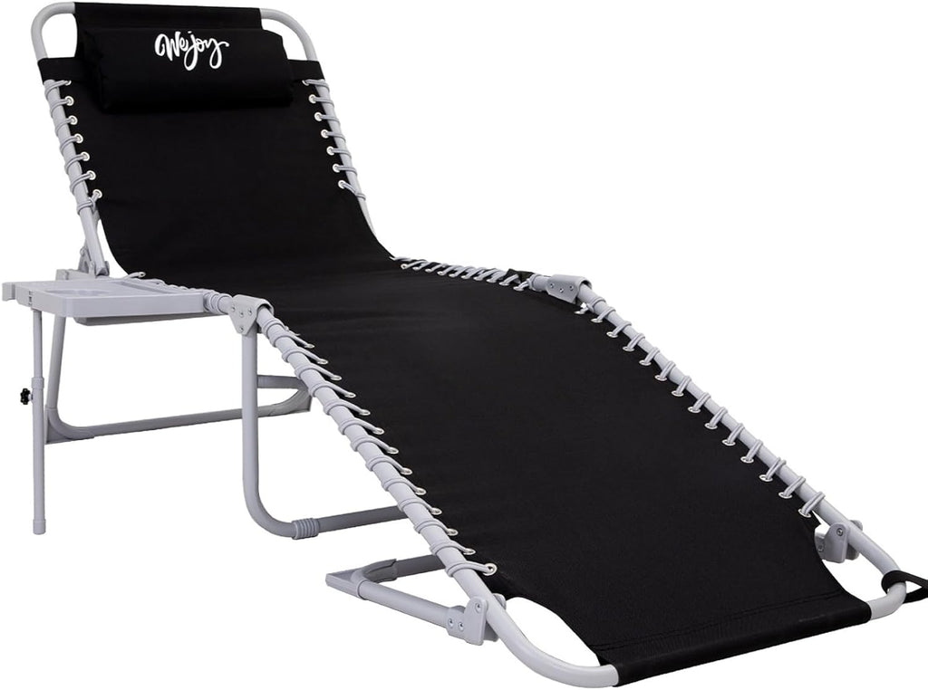 2 Pack Outdoor Chaise Lounge Chair - Portable Folding Patio Pool Lounge Chair, 5 Positions Adjustable Reclining Camping Chair with Side Table,Shoulder Strap, Pillow for Beach Sunbathing Lawn