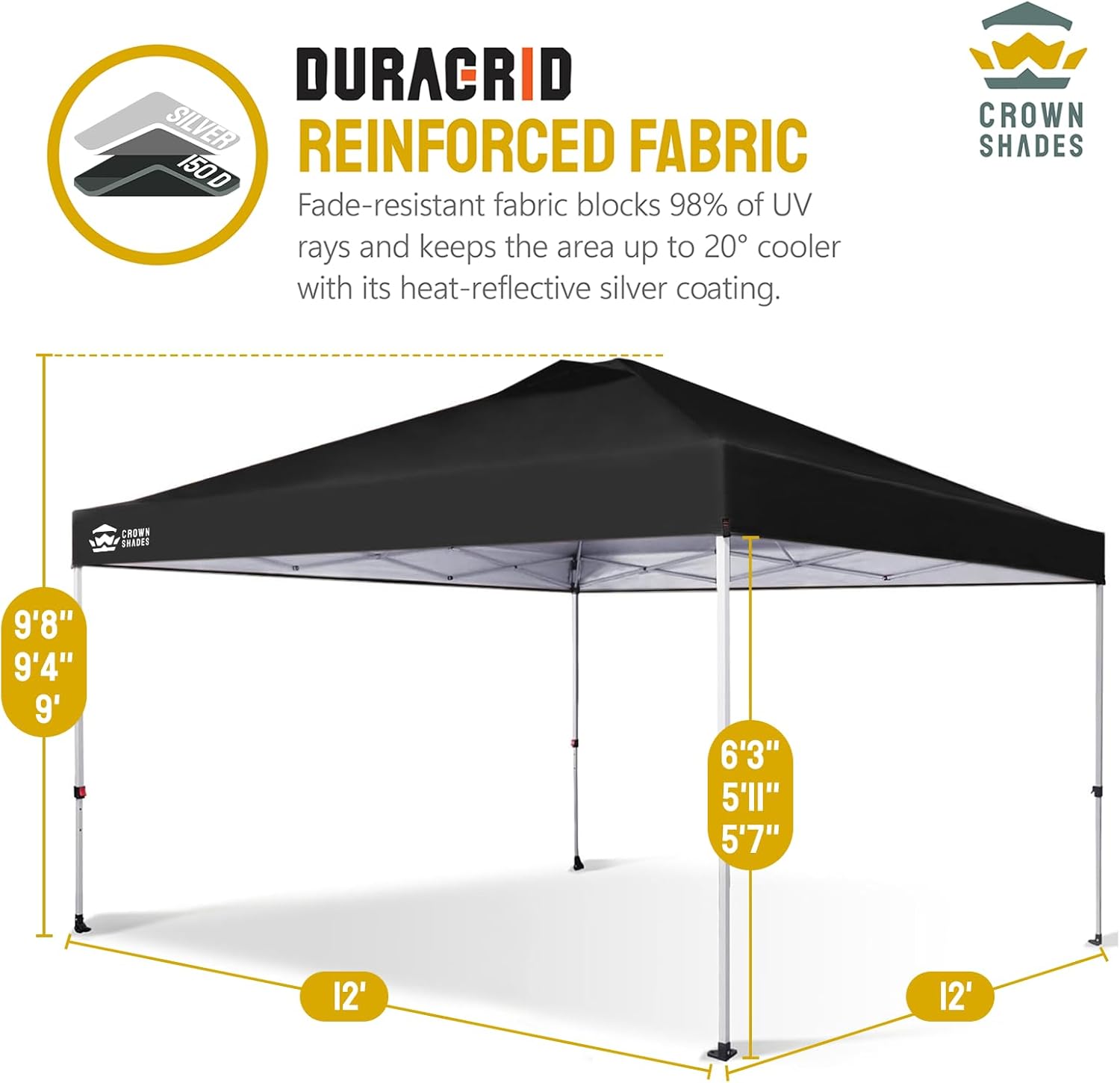 10x10 Pop-Up Awning - One-Click Installation Beach Tent - Outdoor Sunshade Silver Coated Top, 3 Heights and 4 Sand Pockets