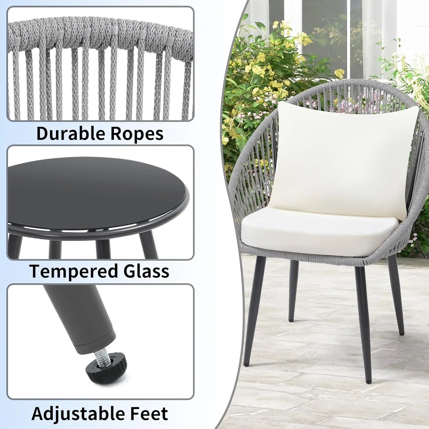3 Piece Bistro Set Woven Rope Chair with Cushions All Weather Patio Conversation Set Side Table