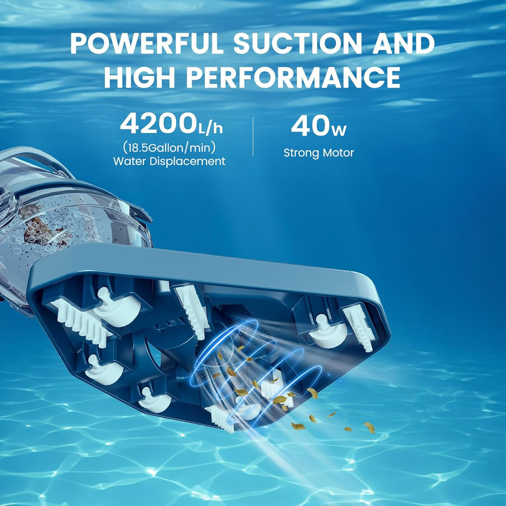 Pool Vacuum for Above Ground Pool with a Telescopic Pole, Running time up to 1H, T403 Handheld Rechargeable Pool Cleaner with Powerful Suction up to 18.5 gallons/min, Ideal for Leaves, Debris