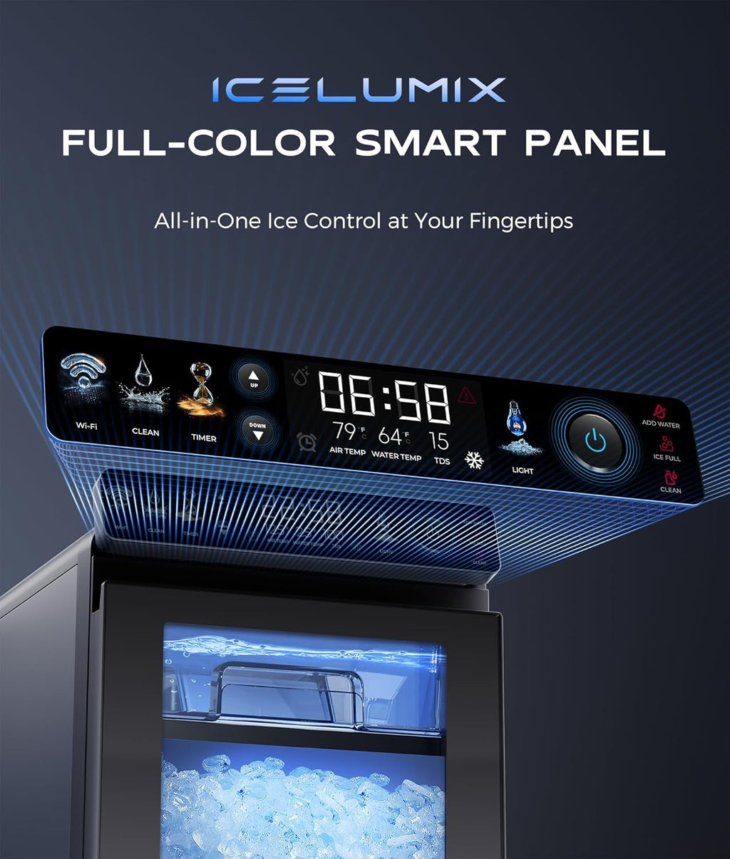 ecozy Nugget Ice Maker Countertop, Smart Pebble Ice Machine with APP Control, 44 lbs/24H Soft Pellet Chewable Ice with Self-Cleaning, Stainless Steel