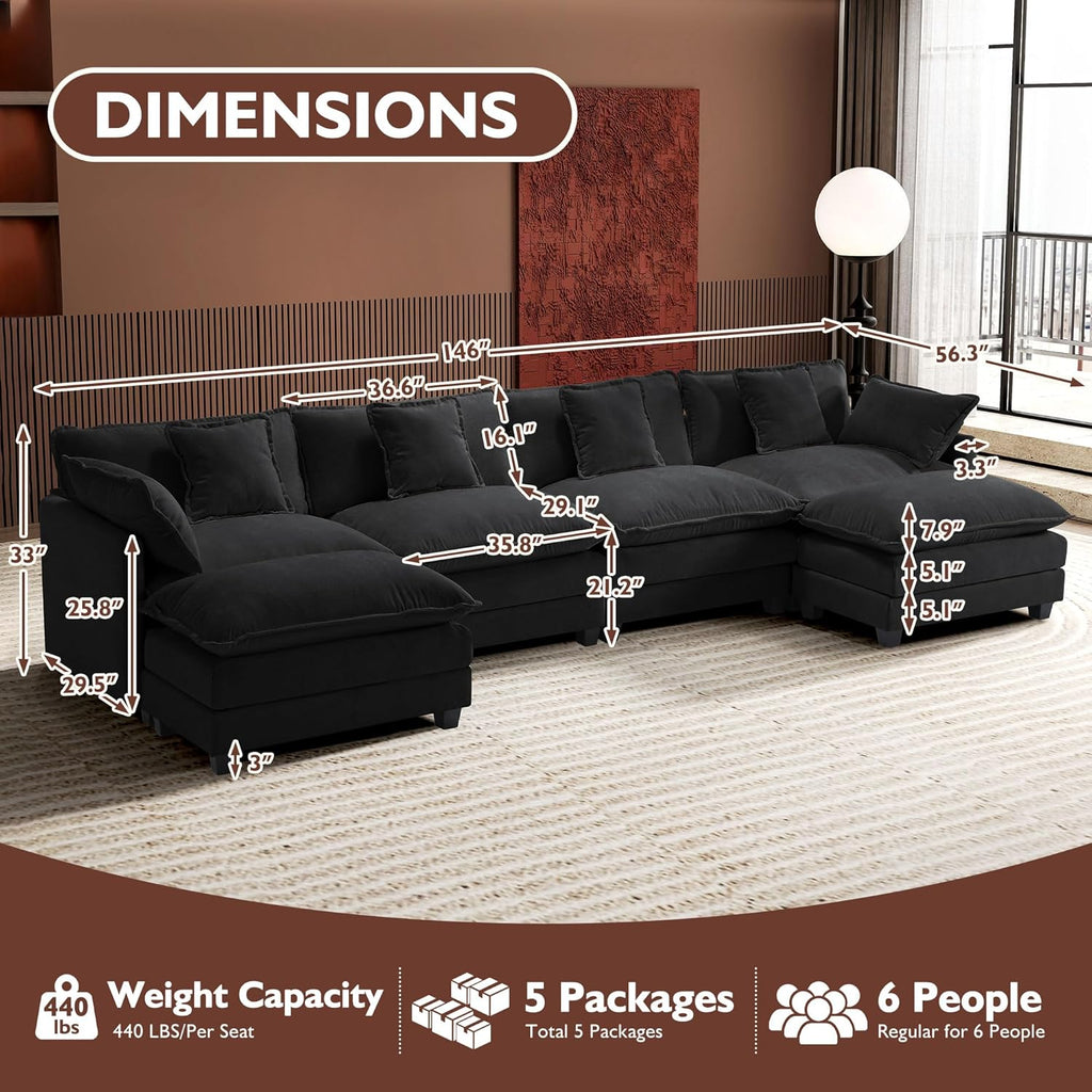 111.4 Inch L-Shaped Modern Sofa Modular Cloud Sofa Ottoman 4-Seater Chenille Deep Seat Sofa
