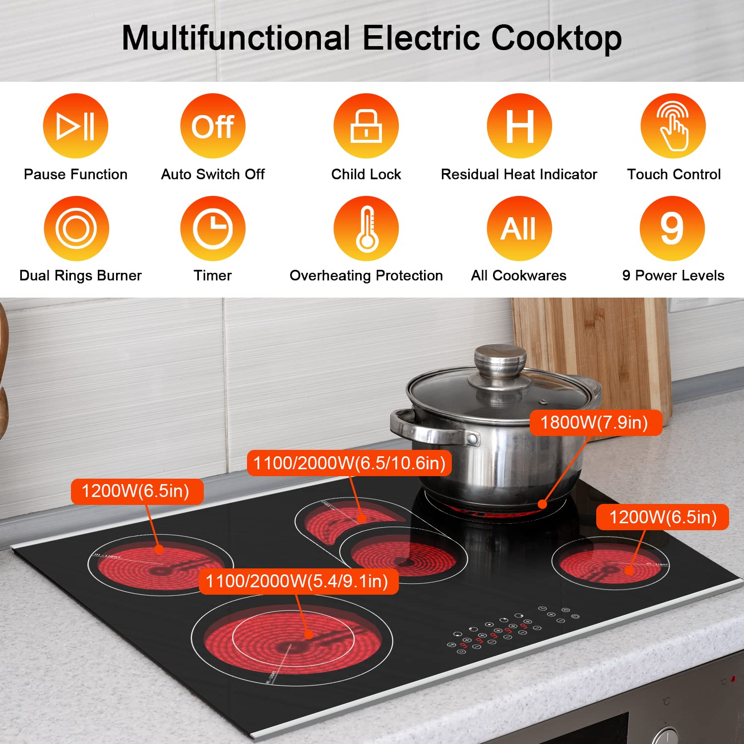Karinear 8400W 30 Inch Electric Cooktop 5 Burners Ceramic Cooktop, 220-240V, Hard Wire, No Plug
