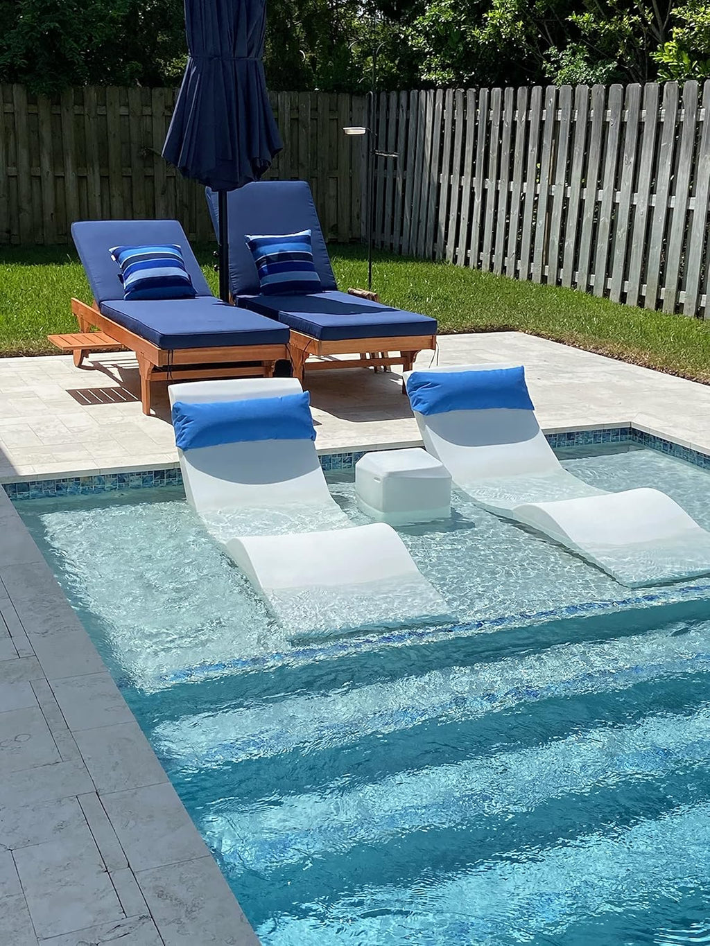 Classic White - in-Pool Chaise Lounger – Designed for Water Depths Up to 9" – Aqua Outdoors – Set of 2 – Compatible with All Pool Types - Poolside & Sun Deck Tanning