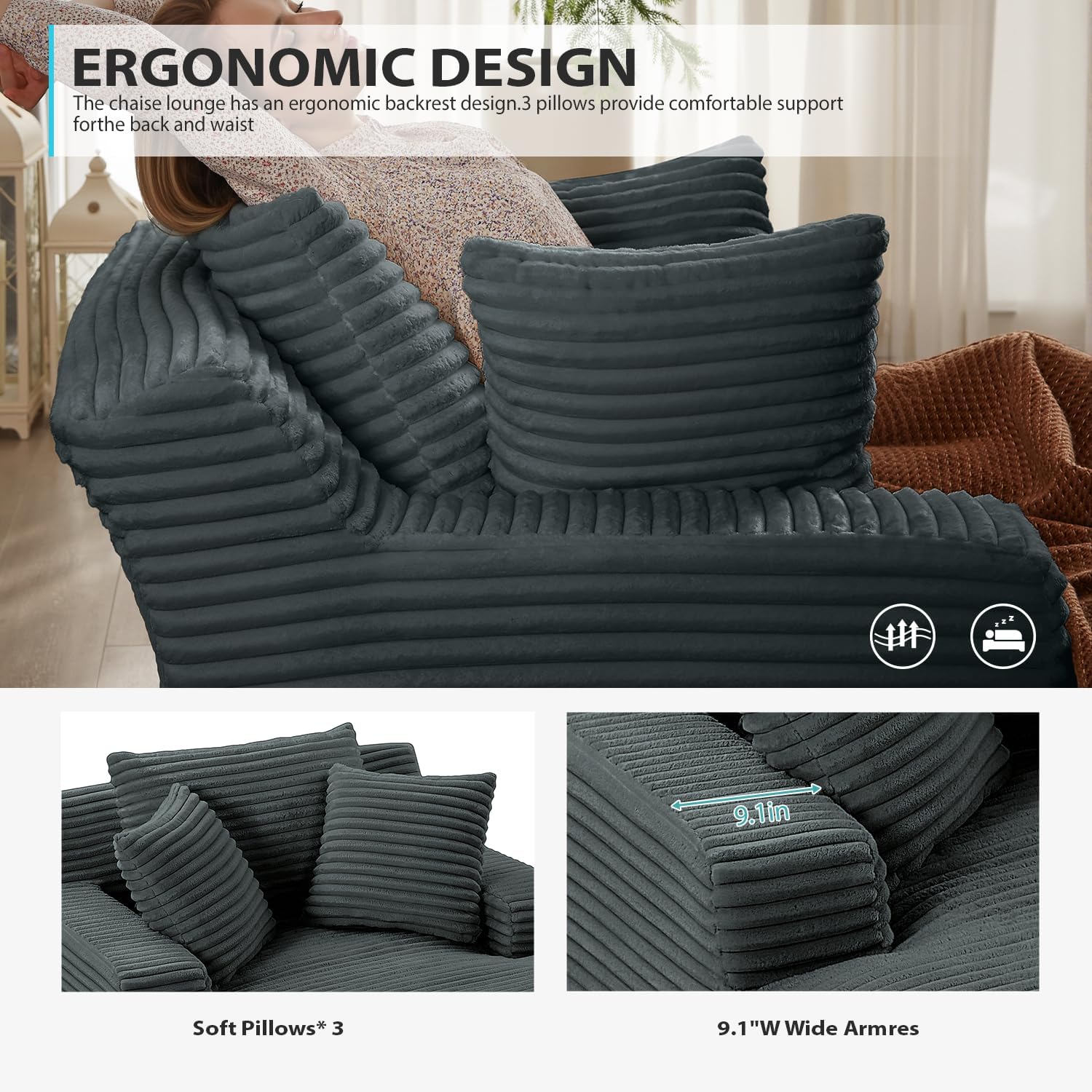 50 Inch Chaise Lounge Chair Indoor, Oversized Corduroy Upholstered Boneless Sofa Bed, Deep Seat Sleeper Couch Reading Chairs, Cloud Sofas Couches for Living Room, No Assembly Required (Dark Grey)