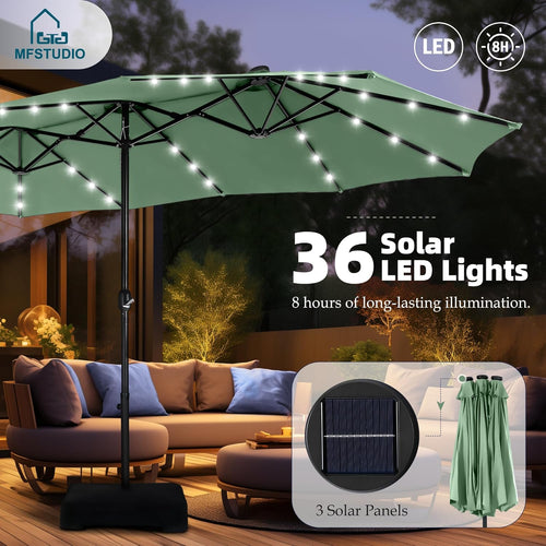 15ft Double Sided Patio Umbrella with Solar Lights, Outdoor Large Umbrellas with Crank Handle and 36 LED Lights, Rectangular Market Umbrella with Base Included for Deck Pool Shade