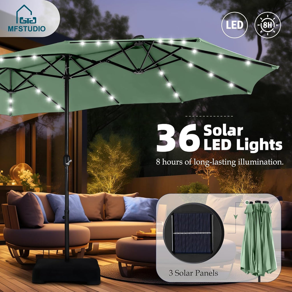 15ft Double Sided Patio Umbrella with Solar Lights, Outdoor Large Umbrellas with Crank Handle and 36 LED Lights, Rectangular Market Umbrella with Base Included for Deck Pool Shade