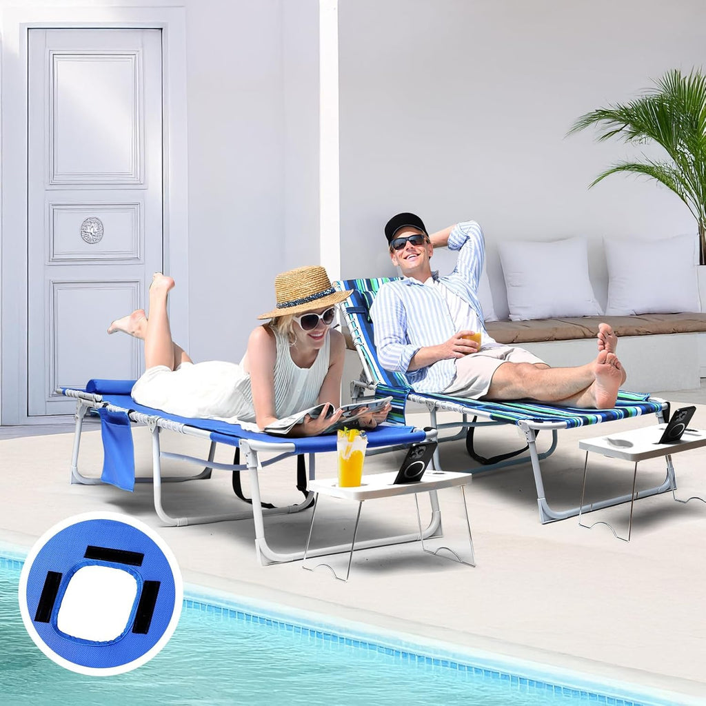 3-in-1 Outdoor Sun Tanning Lounge Chair with Face Hole 5-Position Recliner, Folding Side Table & Removable Pillow, 330lbs Capacity, Blue