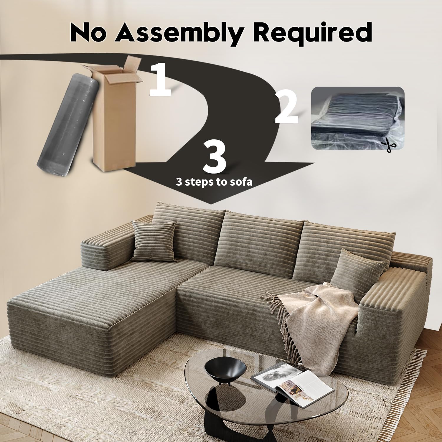 107.5" Cloud Modular Sectional Sofa Couch with L-Shape Chaise,Modern Minimalist Upholstered Couches for Living Room Bedroom,Deep Seat Corner Couch，No Assembly Required (Black,Left Facing Chaise)