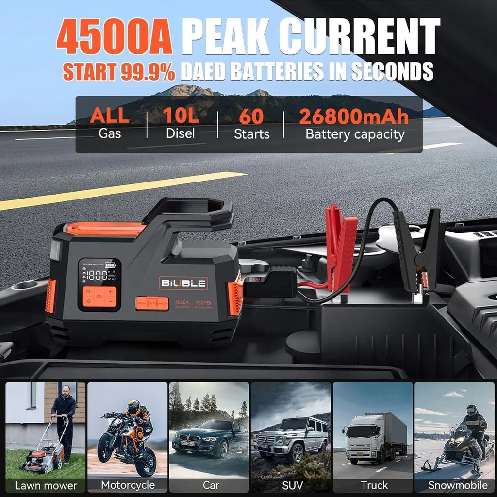 Car Jump Starter with Air Compressor, 4500A Peak 26800mAh 12V Auto with 150PSI Tire Inflator锛 up to All Gas or 10.0L Diesel Engine锛
