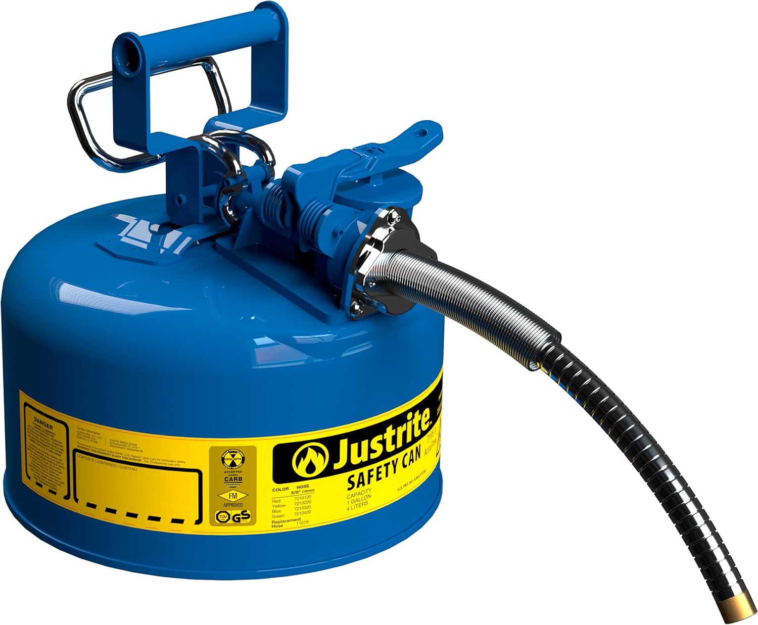Justrite 5-Gallon Type II Red Safety Gas Can OSHA-Approved Steel Fuel Container with Flame Arrester, Self-Closing Lid & 1" Flexible Spout (7250130)