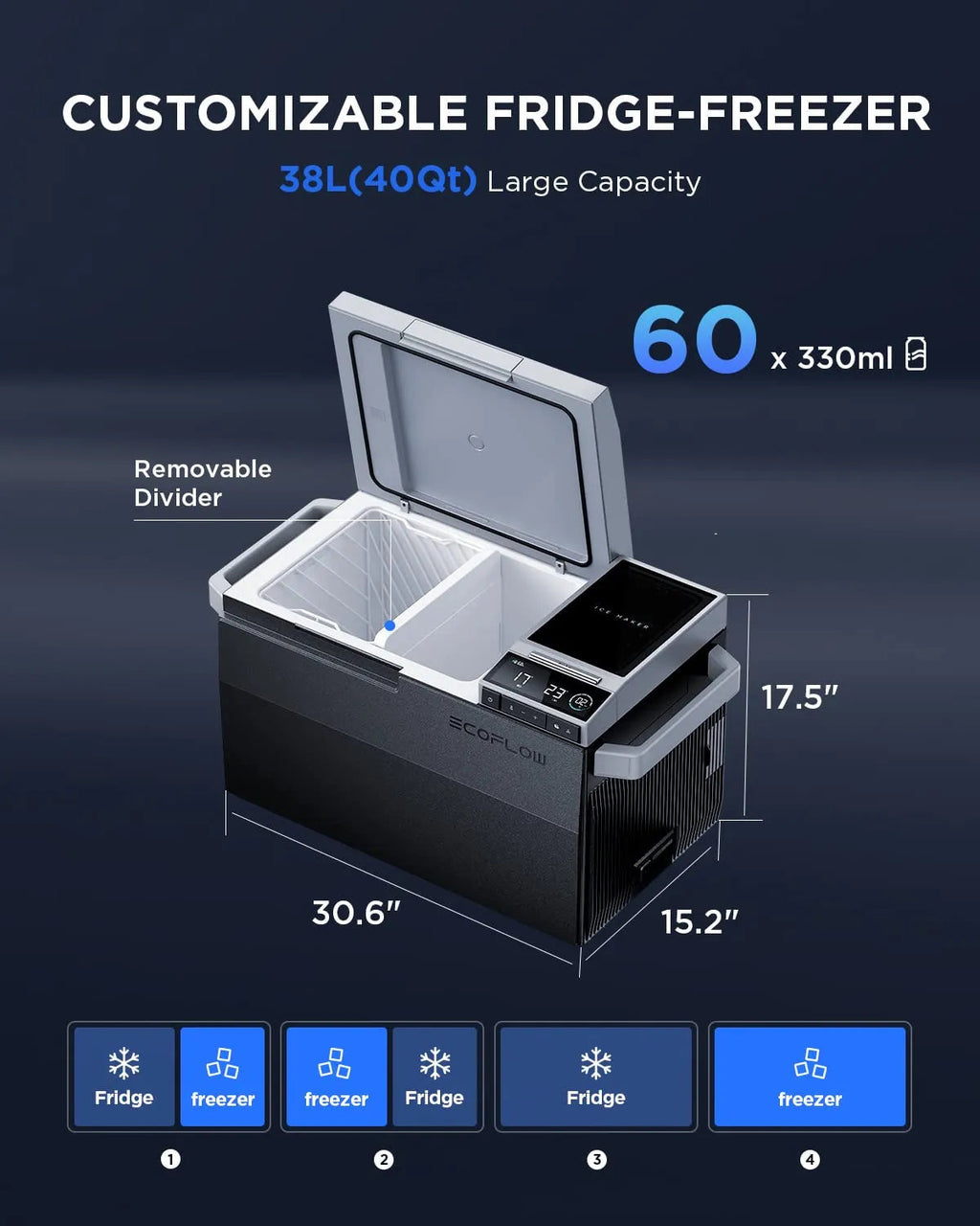 Car Refrigerator, 40 Qt(38L) Portable Refrigerator, Electric Cooler with Ice Maker, Dual Zone WIFI APP Control(-13 ~50 ), 12/24V DC/AC For Camping, Travel, Fishing, Outdoor, Truck