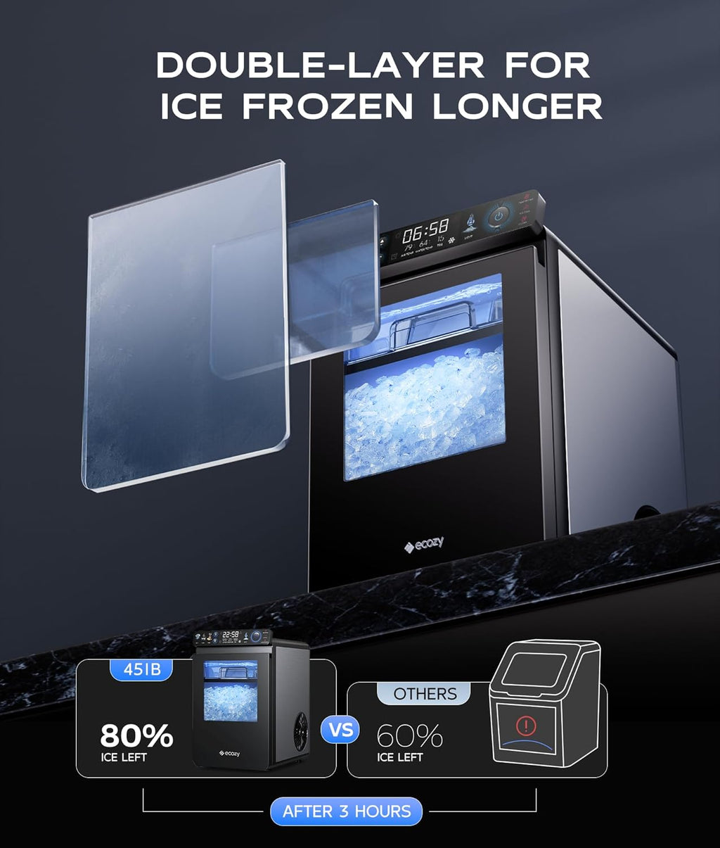 ecozy Nugget Ice Maker Countertop, Smart Pebble Ice Machine with APP Control, 44 lbs/24H Soft Pellet Chewable Ice with Self-Cleaning, Stainless Steel