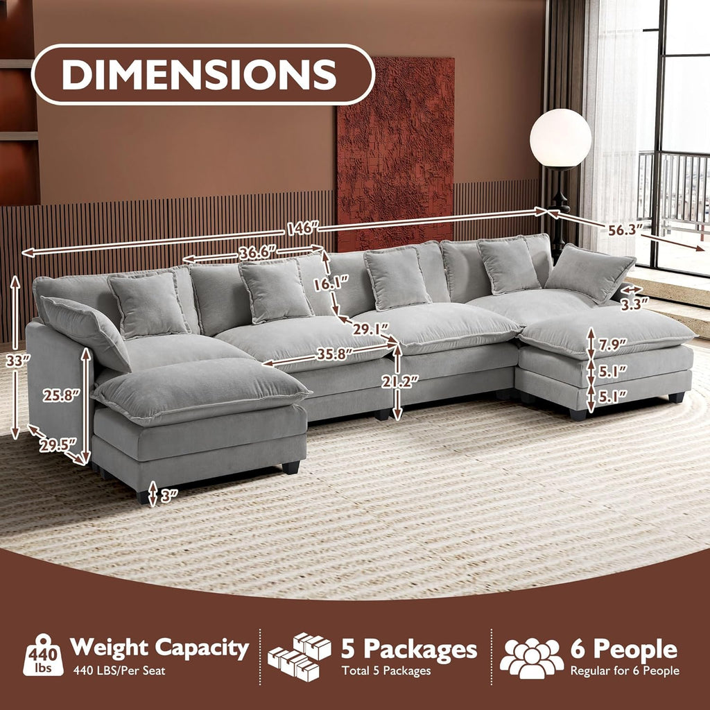 111.4 Inch L-Shaped Modern Sofa Modular Cloud Sofa Ottoman 4-Seater Chenille Deep Seat Sofa
