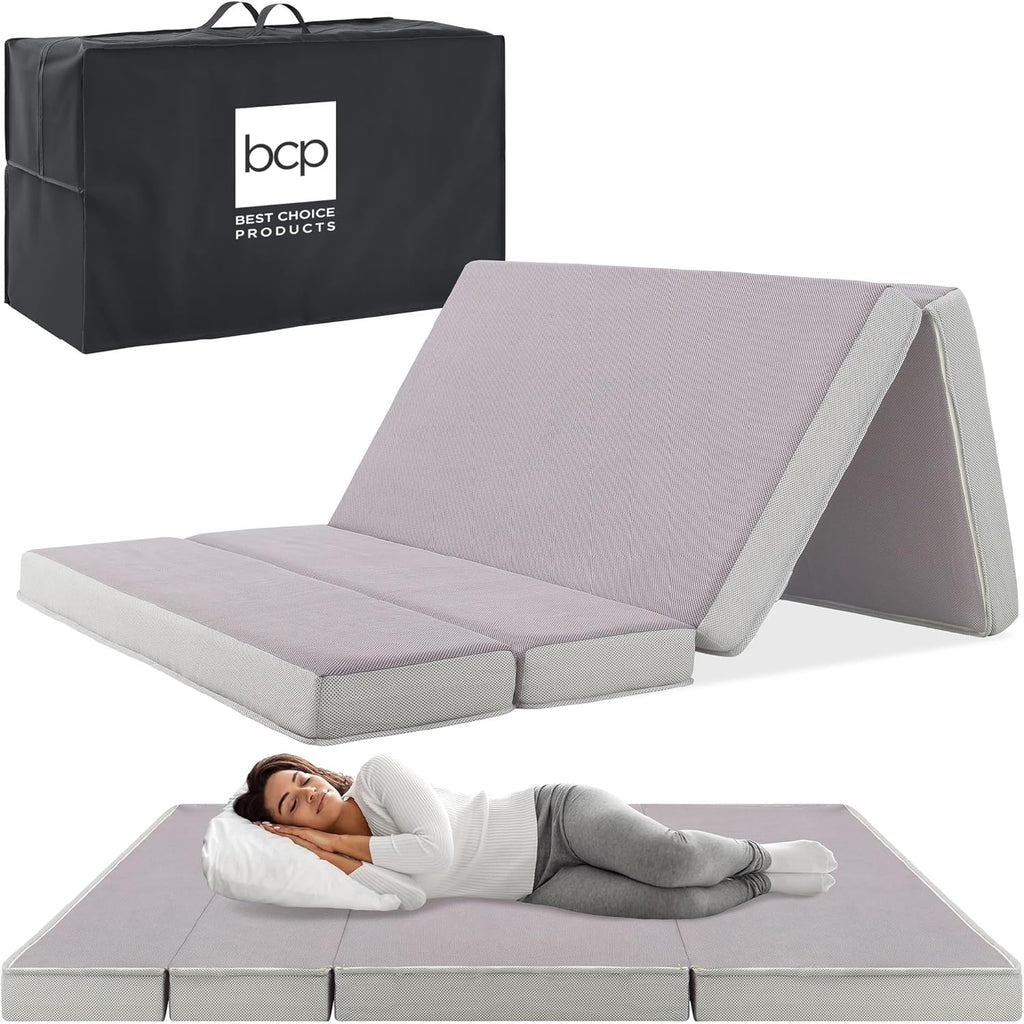 4in Portable Queen-Size Mattress, Tri-Fold Mattress for Camping, Guest, Toddler