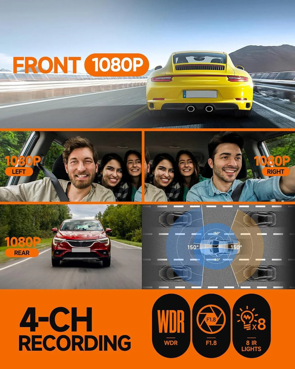 360° Dash Cam 4-Channel FHD 4*1080P Wi-Fi GPS Voice Control Car Camera Front 2K+1080P