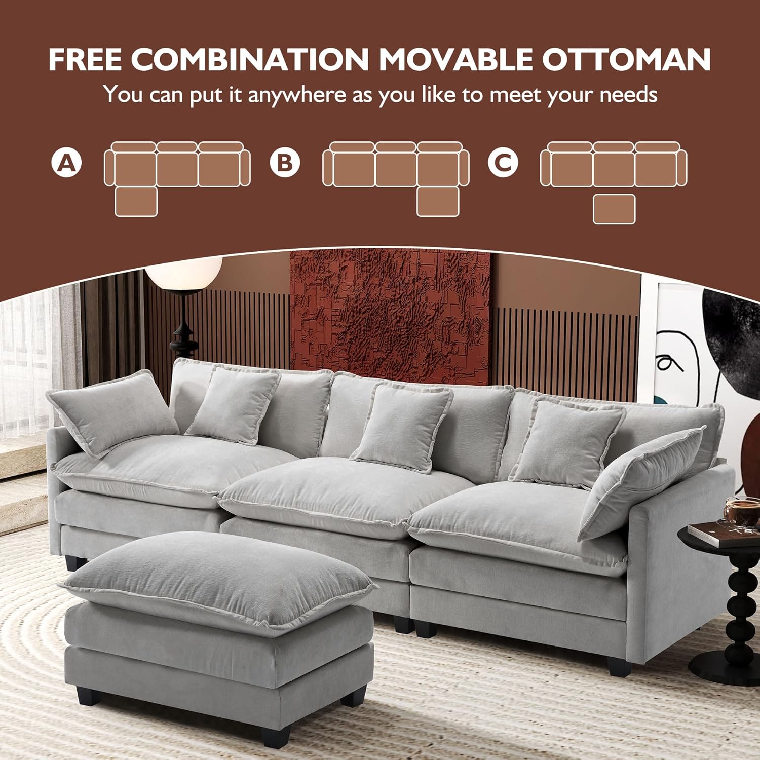 111.4 Inch L-Shaped Modern Sofa Modular Cloud Sofa Ottoman 4-Seater Chenille Deep Seat Sofa
