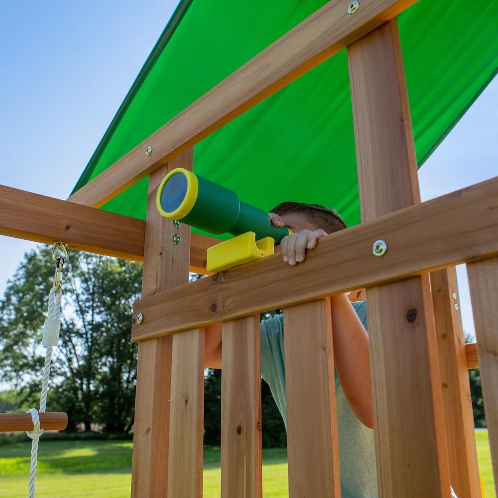 Backyard Discovery Mount Mckinley Cedar Wood Swing Set with Wave Slide, Play Deck, Double Rock Wall, Rope Ladder, Web Swing, Belt Swings, Toy Telescope, Steering Wheel, Sandbox Area, Outdoor Playset