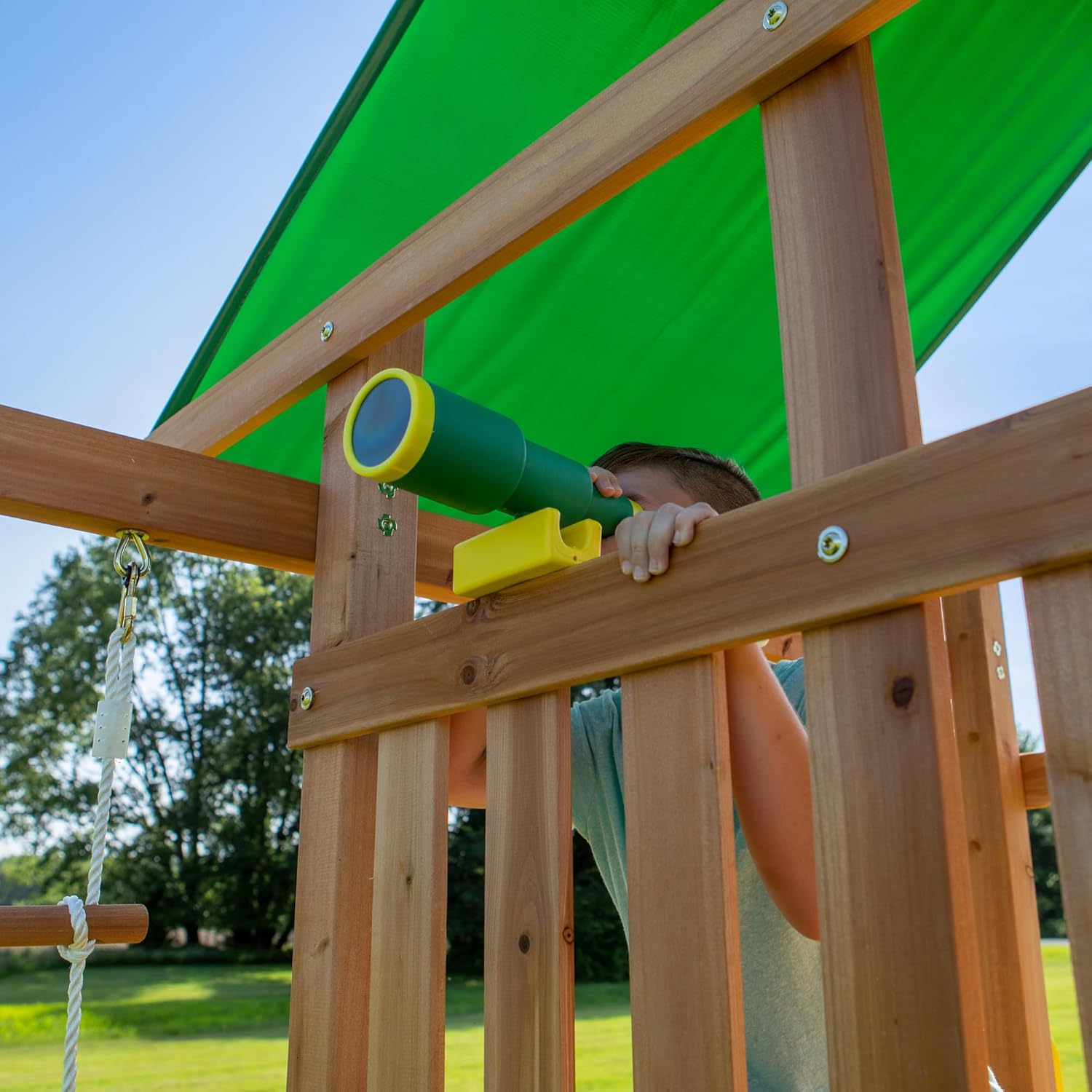Backyard Discovery Mount Mckinley Cedar Wood Swing Set with Wave Slide, Play Deck, Double Rock Wall, Rope Ladder, Web Swing, Belt Swings, Toy Telescope, Steering Wheel, Sandbox Area, Outdoor Playset