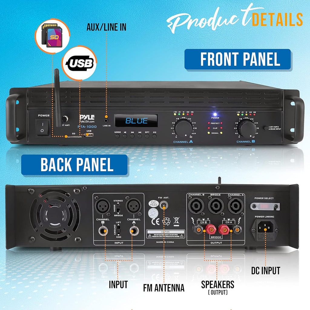 2-Channel Bluetooth Power Amplifier - 2000W Bridgeable Rack Mount Pro Audio Sound Wireless Home Stereo Receiver w/TRS XLR Input,LCD, Bridge Mode, Cooling Fan - Entertainment Speaker System