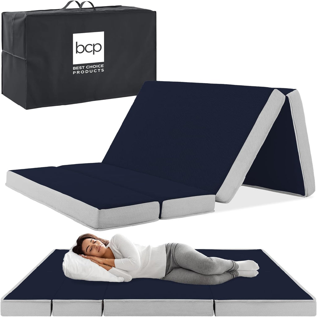 4in Portable Queen-Size Mattress, Tri-Fold Mattress for Camping, Guest, Toddler