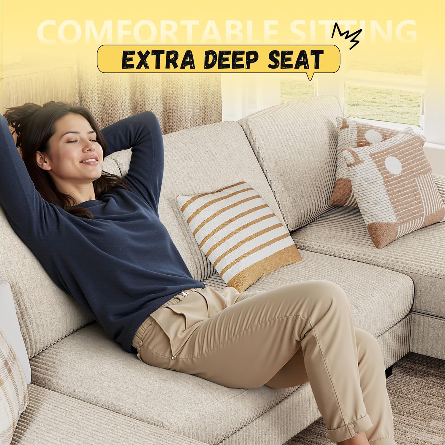 JUMMICO Sectional Couches for Living Room, U Shaped Couch with Chenille Fabric, 4 Seat Modern Sofa with Removable Pillows for Apartment and Small Space (Fabric, Grey)