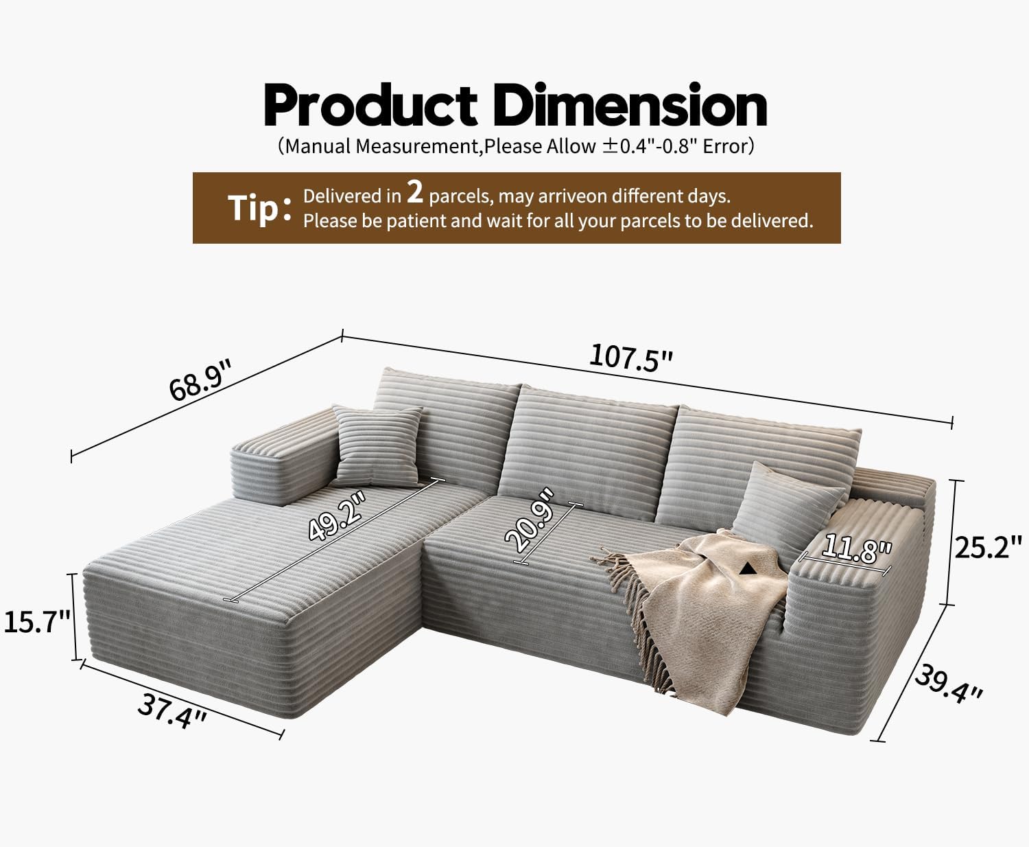 107.5" Cloud Modular Sectional Sofa Couch with L-Shape Chaise,Modern Minimalist Upholstered Couches for Living Room Bedroom,Deep Seat Corner Couch，No Assembly Required (Black,Left Facing Chaise)