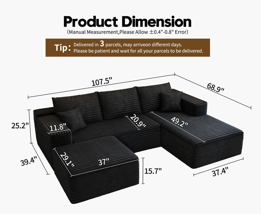 107.5" Cloud Modular Sectional Sofa Couch with L-Shape Chaise,Modern Minimalist Upholstered Couches for Living Room Bedroom,Deep Seat Corner Couch，No Assembly Required (Black,Left Facing Chaise)