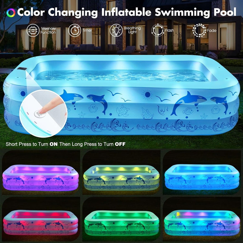 2026 Upgrade Inflatable Pools with Lights, Inflatable Swimming Pools for Adults, Blow Up Pool Solar, Large Pool, Durable Thickened Inflatable Pool for Backyard- Light Blue