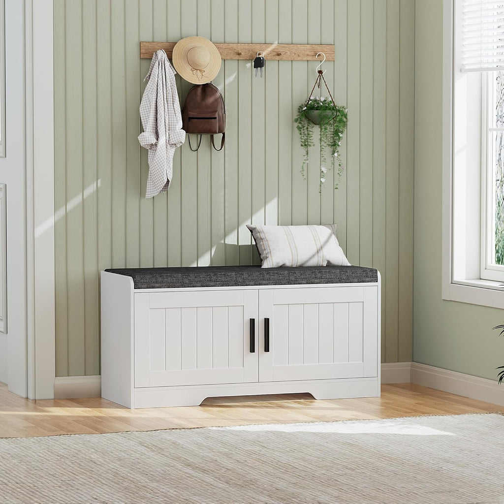 2-Tier Storage Bench, Shoe Bench with Thickened Padded Seat Cushion, Entryway Bench with 4 Doors, Adjustable Shelf